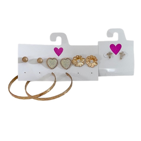5-Piece Gold-Tone Heart & Cross Earrings and Large Hoops Earring Set - Picture 1 of 12